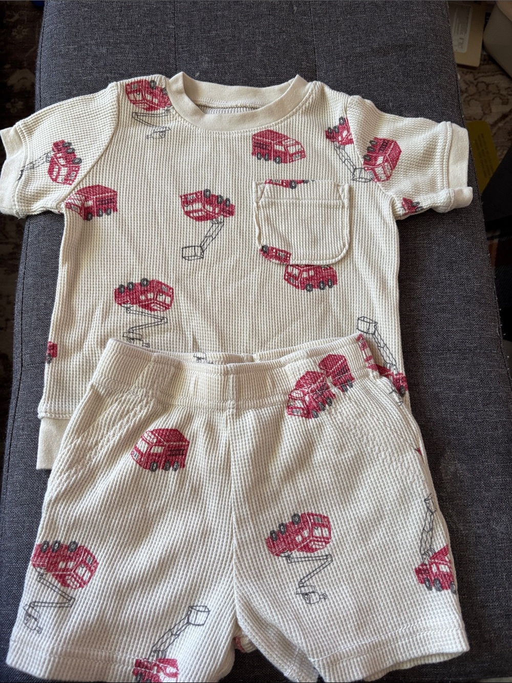 Children's Cream Thermal Set with Red Fire Truck Print